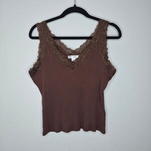 Vintage 90s Rib Knit Lace Trim Camisole Beaded Brown Y2K Cami August Silk XL